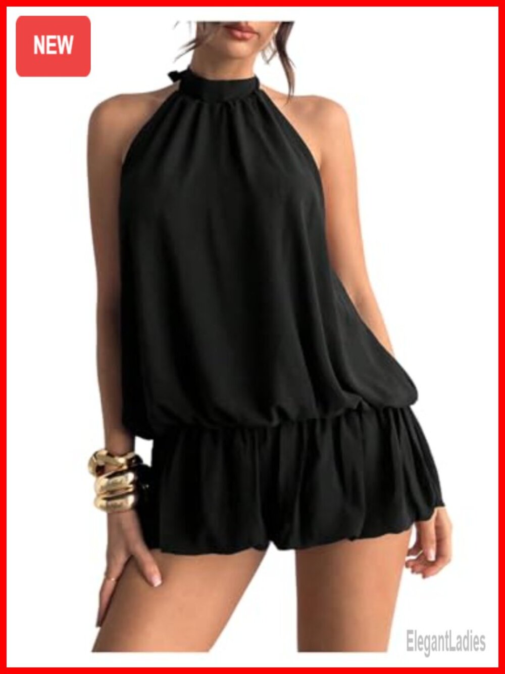 Women's Sleeveless Halter Neck Open Back Ruffle Hem Mini Dress Non Stretch